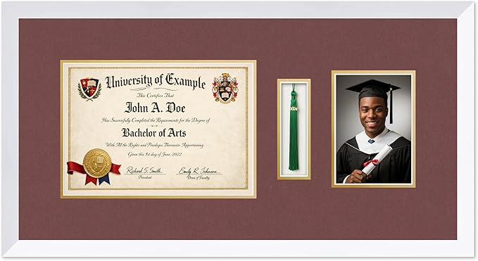 CountryArtHouse Diploma Tassel and Photo Shadowbox Fits 11.69 x 8.27 A4 Certificate with Tassel Hoo Bright White Genuine Hardwood with Dark Red Over Metallic Gold Double mat