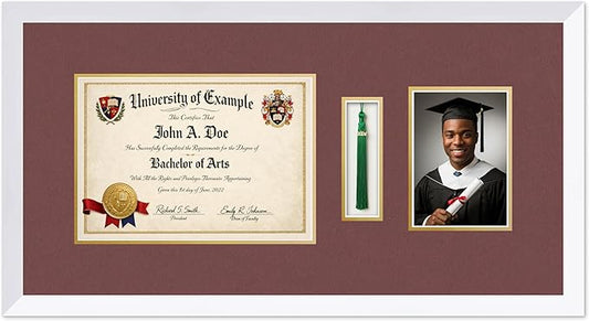 CountryArtHouse Diploma Tassel and Photo Shadowbox Fits 11.69 x 8.27 A4 Certificate with Tassel Hoo Bright White Genuine Hardwood with Dark Red Over Metallic Gold Double mat