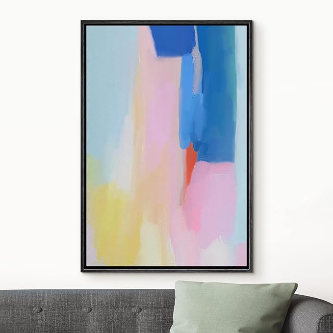 MUDECOR Framed Canvas Print Wall Art Vibrant Blue Pink Yellow Color Field Abstract Shape Illustrations Modern Art Decorative Bohemian Colorful Chic for Living Room, Bedroom, Office - 24"x36" Black