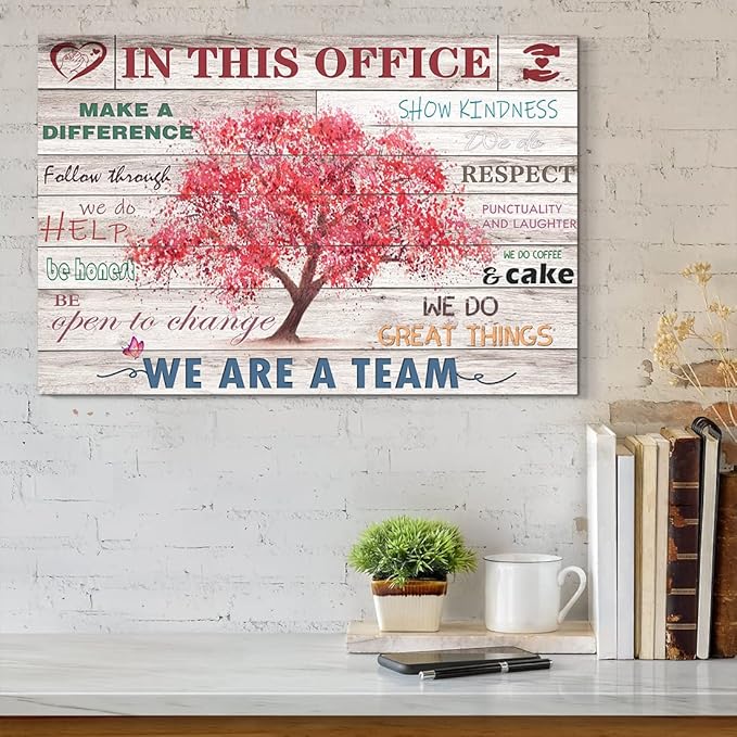 Vintage Office Decor Inspirational Posters Wall Decor Rustic In This Office Inspiring Wall Art Pink Tree Picture Print on Canvas for Home Office Decoration Framed Positive Quotes Gifts 24x20inch