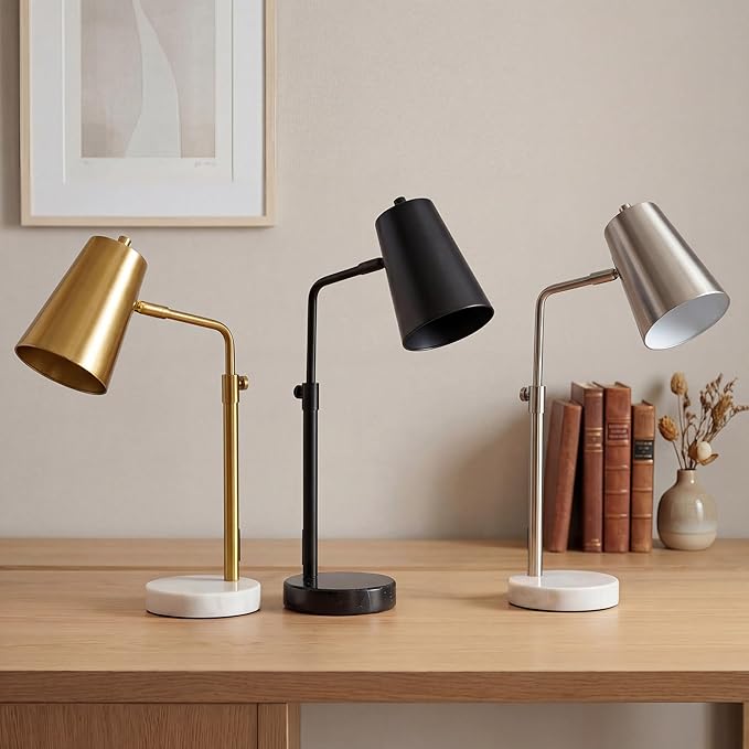 VONLUCE 20" Desk Lamp with LED Bulb, Metal Table Lamp Marble Base, Mid Century Modern Reading Lamp Office, Industrial Task Lamp Work Lamp for Reading Bedroom, Nickel