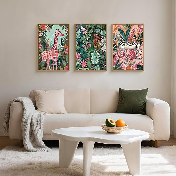 Spring Boho Sage Green Pink Giraffe Zebra Jungle Framed Canvas Wall Art Set,Natural Safari Tropical Wildlife Wall Decor,Modern Wild Animal Botanical Artwork for Living Room,Farmhouse -16"x24"x3