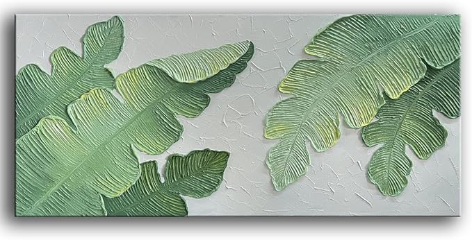 YaSheng Art- Handmade Modern Wall Art Oil Paintings , 3D Textured Wall Art Green Large leaf plant Artwork paintings ,Modern Minimalist Abstract Wall Art painting, Wall Art for living room Bedroom Wall Deco Home, Framed Wall Art Pictures 24X48 Inches
