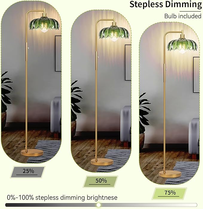 Glass Floor Lamp for Living Room, Dimmer Standing Lamp with Green Lampshade,66” Tall Lamp & Gold Floor Lamp for Bedroom Study Room,Brushed Gold LED Bulb Included (Flower Green Glass Shade)