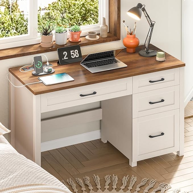Farmhouse 47" Executive Desk, Computer Desk with File Drawer and Charging Station, Workstation for Home Office, Study.（Unique White）