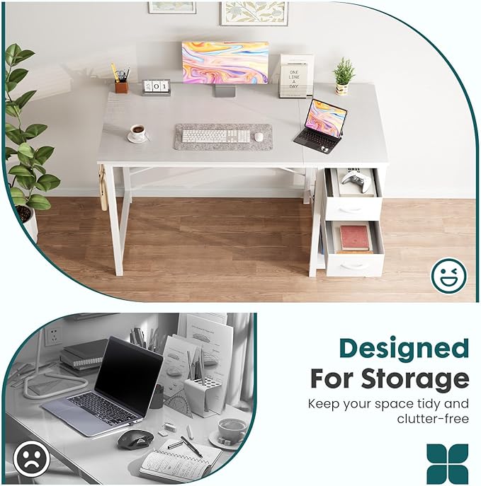 Sweetcrispy 47 Inch Computer Desk with Drawers, Home Office Gaming Desk with X-Shaped Reinforcement, Modern Wood Study Work Table with Side Hook, White