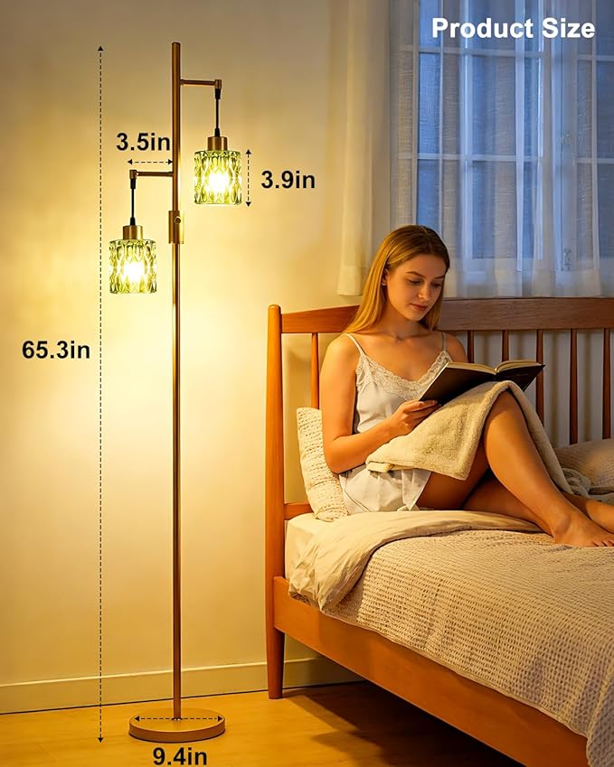 65IN Glass Floor Lamp, 2-Light Gold Tall Standing Lamps Dimmable with Green Glass Lampshade, 3000K Warmwhite Mid Century Modern Floor Lamp for Living Room/Bedroom/Corner
