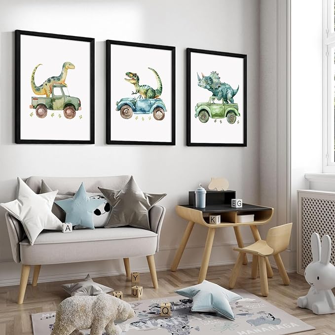 Dinosaur Nursery Wall Art Kids Canvas Poster Baby Boy Nursery Wall Decor Green Dino Pictures Toddler Prints Cartoon Dino Car Painting Boys Room Artwork for Bedroom Bathroom 12x16x3 Inch Wood Framed
