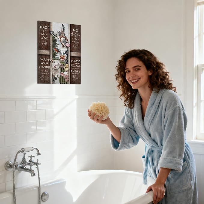 YOUHONG Funny Bathroom Wall Art Funny Decor Bathroom Pictures Wall Decor Quote Canvas Horse Sheep Cow Painting Farmhouse Animal Posters with Built-in Wooden Frame, Lightweight for Room (16x24 Inch)