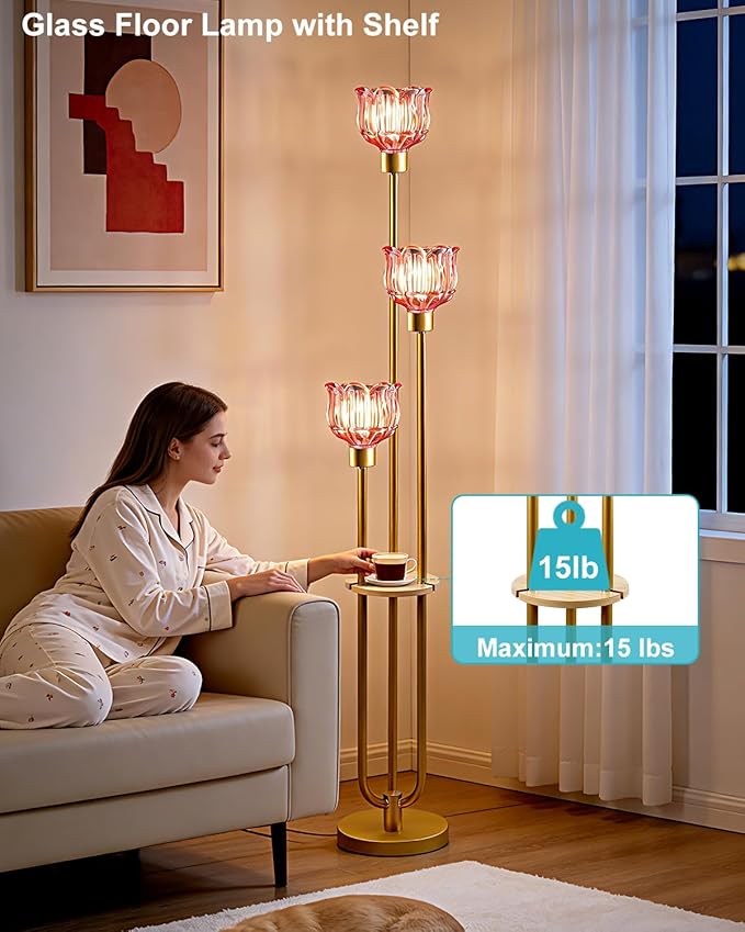Lightdot Glass Floor Lamp for Living Room 3-Lights Modern Dimmable Gold Floor Lamp with Rose Red Glass Shade & 3000K Bulbs Included Unique Tall Standing Lamp for Bedroom/Sofa Beside/Corner Decor