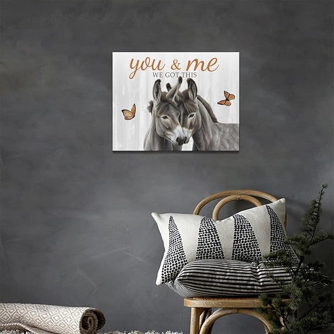 yerretin Farmhouse Donkey Wall Art Country Love Pictures Wall Decor Rustic Animal Canvas Painting Home Decoration Artwork for Bathroom Bedroom Living Room Office Framed 16"x12"