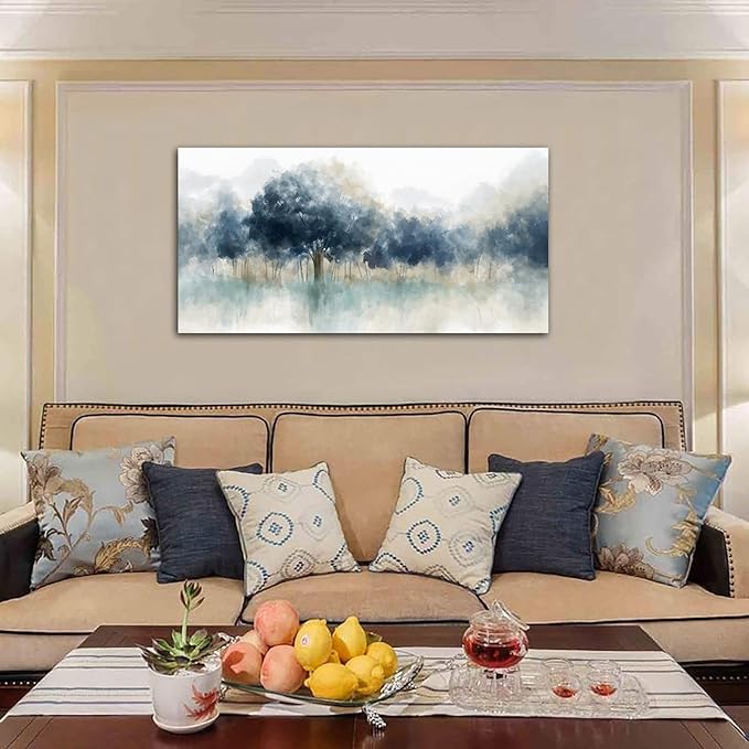 yearainn Foggy Forest Canvas Wall Art - Indigo Blue Abstract Trees Pictures for Wall Decor Nature Canvas Painting Modern Printing Artwork for Living Room Bedroom Home Office Wall Decoration 24" x 48"