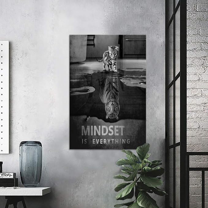 Inspirational Wall Art Posters Mindset is Everything Canvas Painting Small Cat Big Tiger Pictures Print Poster Artwork Wooden Home Decor for Living Room Bedroom Office Framed Ready to Hang - 24x36 in