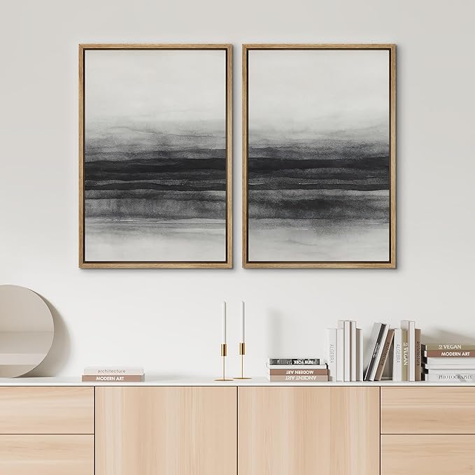 SIGNWIN Framed Canvas Print Wall Art Set Black and Gray Abstract Horizon Modern Minimalist Neutral Illustrations Modern Art Decorative Multicolor for Living Room, Bedroom, Office - 16"x24"x2 Natural