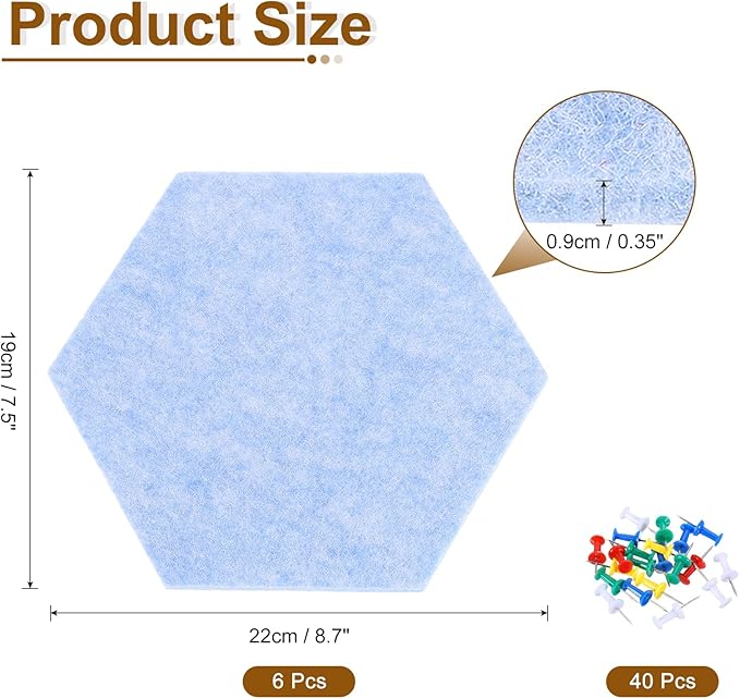 uxcell 6 Pcs Hexagon Felt Pin Board with 40 Pcs Pushpins 8.7" x 7.5" Self Adhesive Felt Bulletin Board Cork Boards for Walls Decorations Paste Notes Photos Schedules, Light Blue