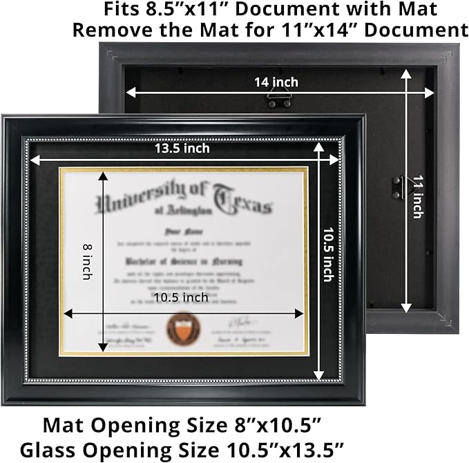 GraduationMall 8.5x11 Diploma Frame with Black over Gold Mat or Display 11x14 Document without Mat, UV Protection Acrylic, Black with Silver Beads