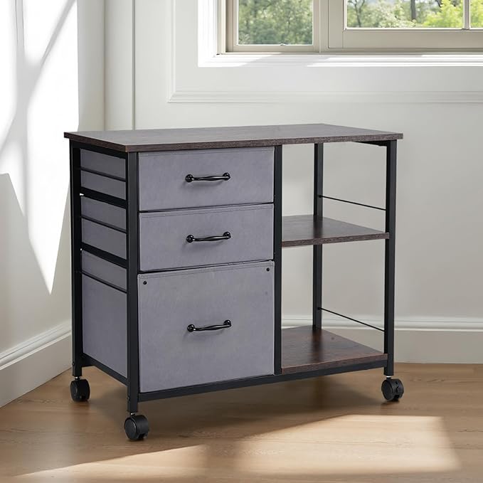 VEVOR Metal File Cabinet, Mobile Filing Cabinet with 3 Fabric Drawers and 2 Open Shelves, Wooden Vertical Filing Storage Cabinets with Wheels for Letter, A4, Legal Size File, Easy Assembly, Brown