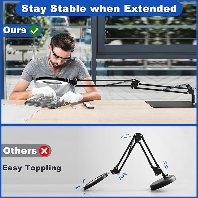 15X Magnifying Glass with Light and Stand, 2-in-1 Lighted Magnifying Desk Lamp Dimmable Magnifier Lamp with Light and Clamp Long Arm 84PCS LED Beads Real Glass Lens for Work Close Work Hobby