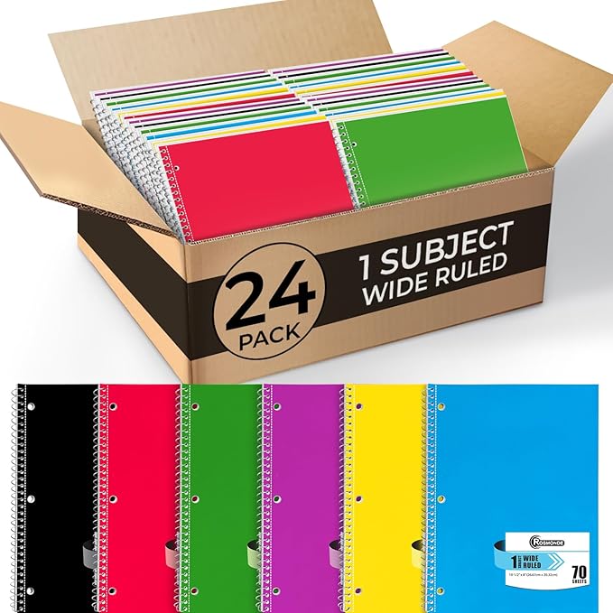 Rosmonde Spiral Notebooks, 24 Pack, 1 Subject Notebook, Wide Ruled, 70 Sheets, 8 x 10-1/2", 3 Hole Punched, Bulk Single Subject Spiral Notebook Bulk, School Supplies, Assorted Colors Pack of Notebooks