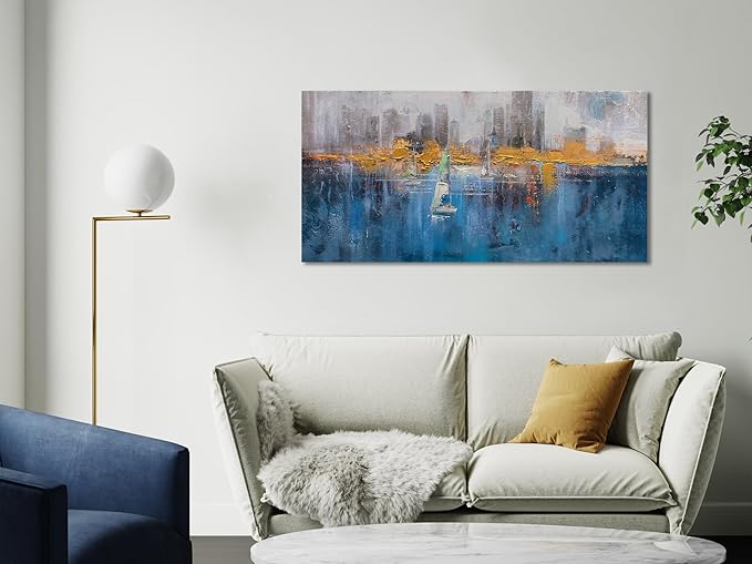 Arjun Abstract Wall Art for Living Room, Modern Canvas Painting Neutral for Bedroom, Framed Textured Grey Teal Artwork Large Picture Dining Room Kitchen Mens Room Home Office Wall Decor 40"x20"