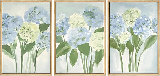 MUDECOR Framed Wall Art Print Set Blue Hydrangea Floral Botanical with Green Leaves Illustrations Modern Art Boho Decorative Colorful Chic for Living Room, Bedroom, Office - 16"x24"x3 Natural