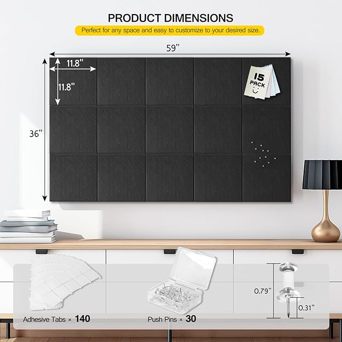 MAXECHO 15-Pack Cork Board Tiles for Wall, Large (59" x 36") Black Felt Bulletin Board with Pushpins, Felt Wall Tiles for Office Corkboard, Push Pin Board Felt Board
