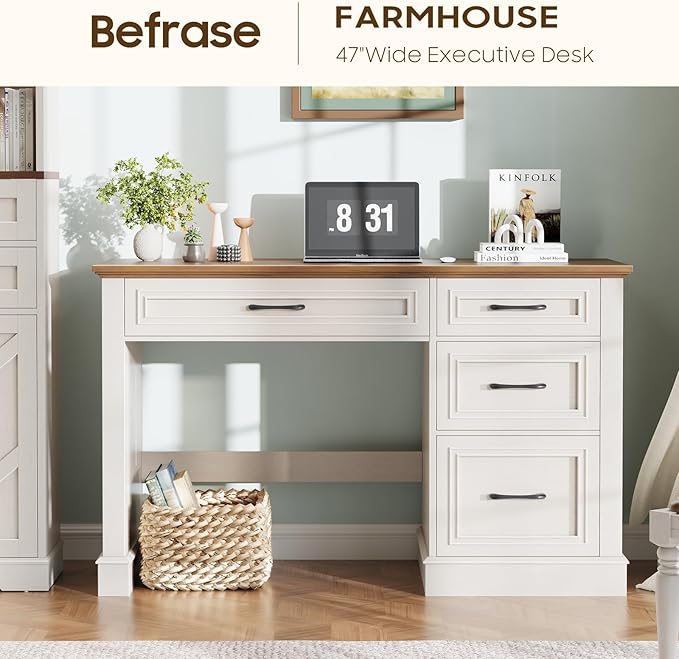 Farmhouse 47" Executive Desk with 4 Drawers, Computer Desk with File Drawer, Workstation for Study, Home Office, Writing, Unique White.