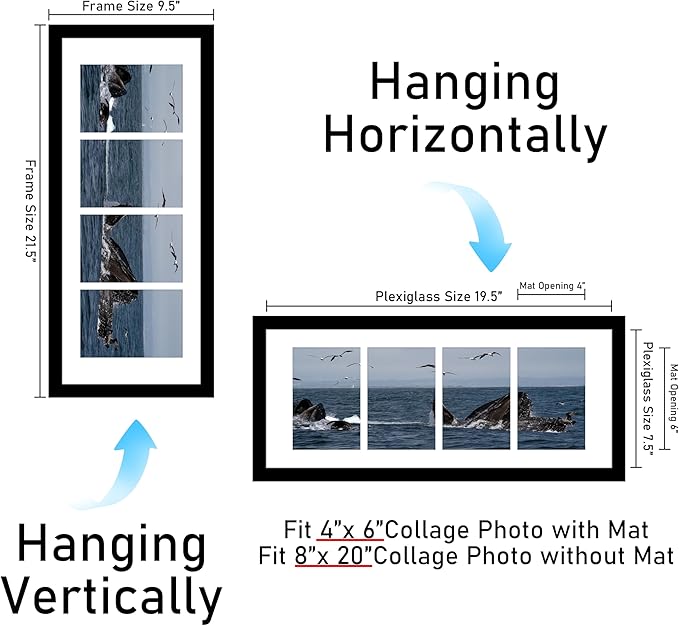 VIOLABBEY 8x20 Picture Frame 2pack, Fits Four 4x6 Photos with Mat or One 8x20 Picture without Mat for Wall, Black