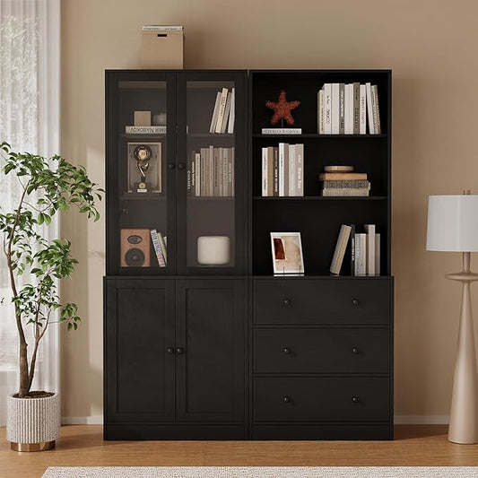 TUSY 71" H Bookshelf with Storage, 6-Tier Modern Bookshelves with 3 Large Drawer, Display Bookcase with Glass Doors, Modern 5-Tier Curio Cabinet for Home Office, Dining Room (Black, AB)