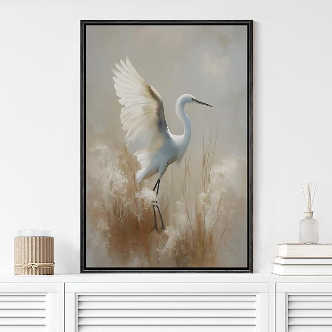 MUDECOR Framed Canvas Print Wall Art Elegant Crane in Flight Illustrations Minimalism Decorative Relax Colorful for Living Room, Bedroom, Office - 16"x24" BLACK