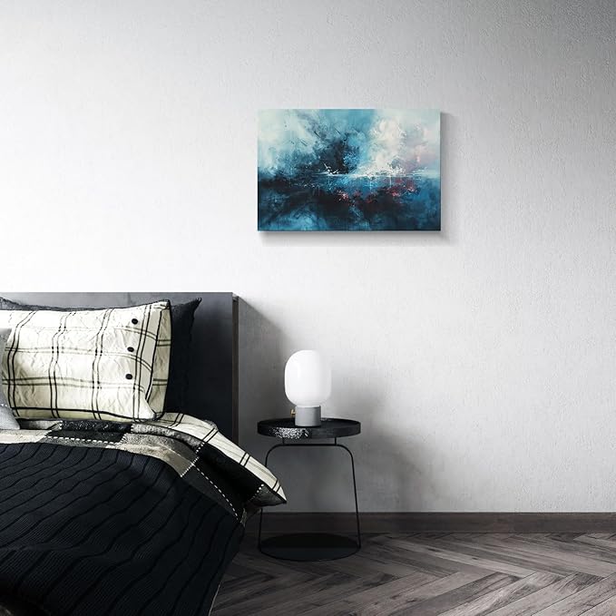 gaosoul Modern Abstract Canvas Wall Art Blue Graffiti Painting on White Background Stylish Framed Minimalism Artwork Prints for Living Room Bedroom Office Decor 24x16in