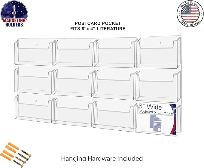 Marketing Holders Post Card Holder Acrylic 12 Slots Hold 6" Printed Media Wall Mount Hanging Hardware Included Use at Community Centers Gift Shops Motels Airports Historical Sites Convenient Clear