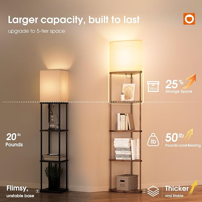 addlon Floor Lamp with Shelves, 5-Tier Adjustable Corner Lamp with 3 Color Temperatures & Linen Shade,Modern Floor Lamps for Living Room, Home Office & Bedroom (E26 LED Bulb Included, 800lm) - Brown