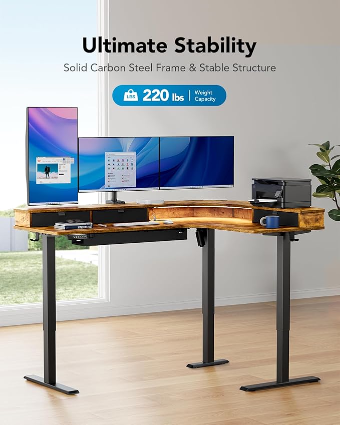 HUANUO 65″ L-Shaped Standing Desk with Power Outlets & LED Strip, Electric Height Adjustable Corner Computer Desk, Sit Stand Up Desk with 3 Drawers, Vintage Brown