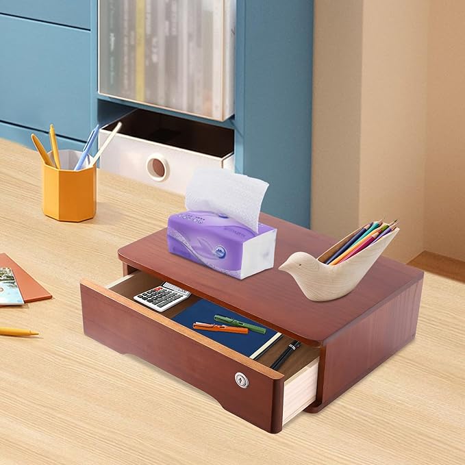 Wooden Desktop Storage Box with Lockable Drawers Office Supplies Drawer Organizer Receipt File Organizer Flat File Cabinet for Office Study Desk Front Desk (Walnut, 1 Drawer)