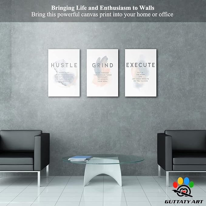 Office Wall Art - 3 Panel Motivational Wall Art, Inspirational Quotes Canvas Art for Home Office Wall Decor, Positive Quotes Wall Decor, Entrepreneur Grind Hustle Execution Poster Frame (16”x24”x3Pcs)