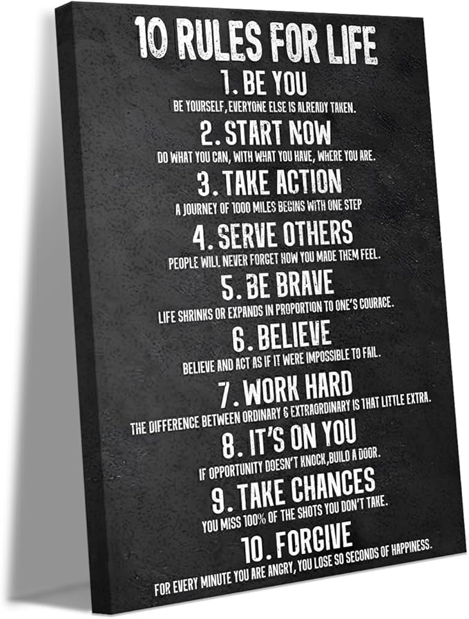 Yatsen Bridge 10 Rules for Life Motivational Wall Art - Black and White Inspirational Canvas Print, Positive Life Principles for Home and Office, Framed & Ready to Hang (12x16 Inch)