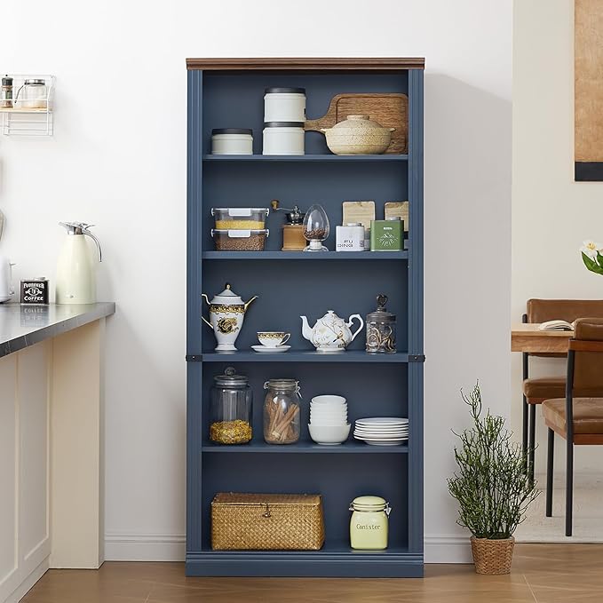 70" Blue Tall Bookshelf,5-Tier Thick Wooden Book Shelf with Adjustable Shelves,Free Standing Farmhouse Bookcase with Open Display Storage,Floor Vintage Bookshelves for Living Room,Office