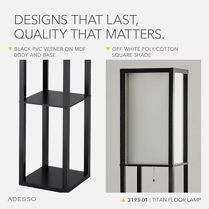 Adesso Square Floor Lamp with 3-Tier Open Shelves, Black Base, Fabric Shade, 72” T x 10.5” W, Extended Length Cord, Enhances Room Decor and Home Lighting
