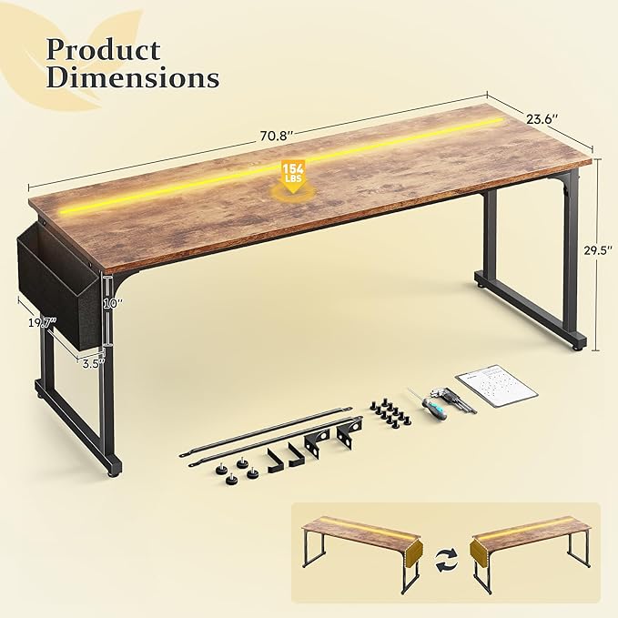 71 Inch Computer Desk with LED Lights, Office Desk for Home Office, Study Desk Writing Table with Storage Bag, Headphone Hook, Rustic Brown