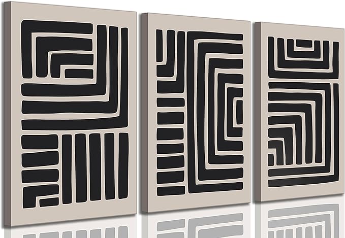 3 Pcs Boho Abstract Lines Canvas Wall Art Modern Neutral Minimalist Bohemian Black Geometric Line Picture Wall Decor Poster Print Artwork for Living Room Bedroom Office Home Decoration