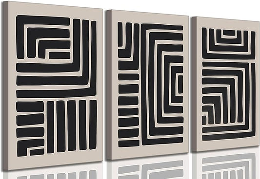 3 Pcs Boho Abstract Lines Canvas Wall Art Modern Neutral Minimalist Bohemian Black Geometric Line Picture Wall Decor Poster Print Artwork for Living Room Bedroom Office Home Decoration