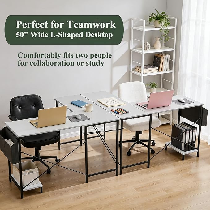 L-Shaped Home Office Computer Desk, Gaming Desk with CPU Stand Shelf and Hanging Storage Pocket, Corner Student Study Writing Table, Sturdy Metal Frame, 43.3" D x 50" W, Classic White