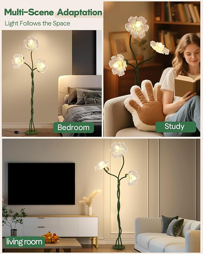 Flower Floor Lamp for Living Room, 3 Light Floor Lamps with Adjustable Gooseneck, Standing Lamp for Bedroom with 3 Color Temperatures, Tall Corner Floor Lamp for Living Room, Bedroom—Green