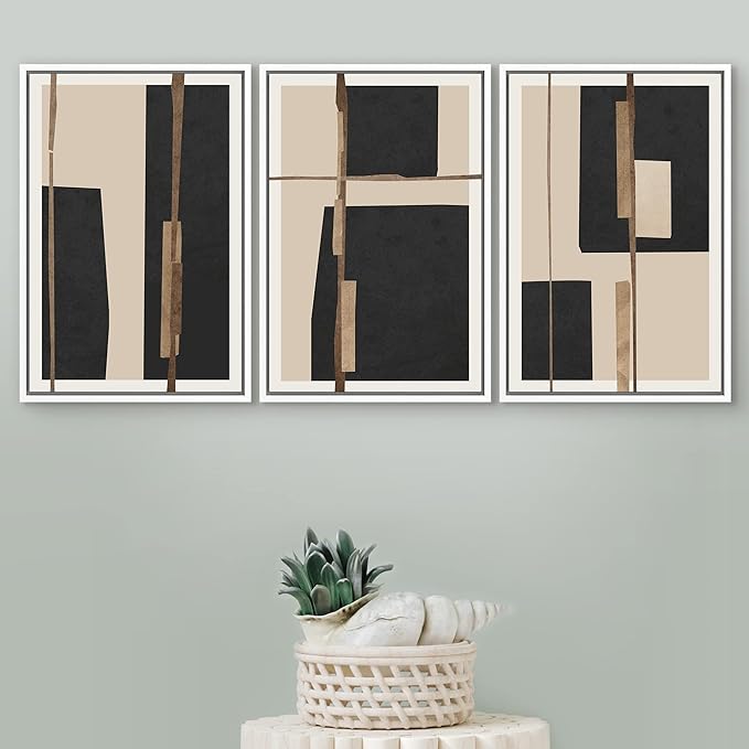 SIGNFORD Framed Canvas Print Wall Art Set Mid-Century Black Polygon Squares Abstract Shapes Illustrations Modern Art Bohemian Nordic Relax/Calm for Living Room, Bedroom, Office - 24"x36"x3 White