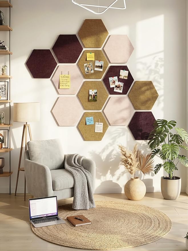 8 Pack Hexagon Felt Bulletin Board Tiles - 11.8" Large Thick Pin Board for Walls with 30 Push Pins, DIY Boards for Office Home School Decor, Aesthetic Hex Cork Board Alternative