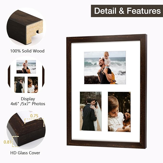 Golden State Art 11x14 Dark Brown Wood Picture Frame - White Mat for 5x7 and 4x6 Photos - Real Glass, Sawtooth Hanger, Swivel Tabs - Wall Mounting - Great for Posters, Weddings, and Engagements