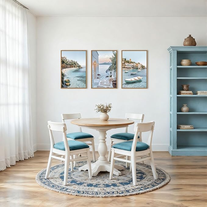 Greek Island Coastal Framed Canvas Wall Art Set,Modern Mediterranean Whitewashed Architecture Scenery Wall Decor,Natural Blue Beach Boat Landscape Artwork for Living Room,Farmhouse- 24"x36"x3