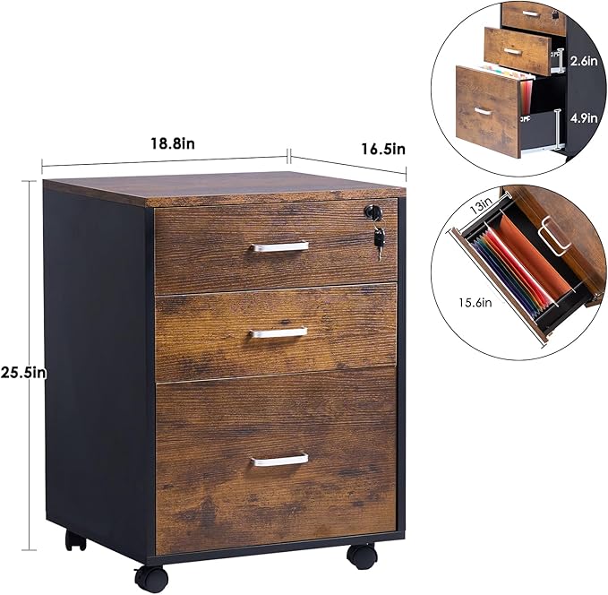 SogesGame 3 Drawer File Cabinet with Lock, Office Storage File Cabinet on Wheels, Mobile Under Desk File Cabinets for Home Office Fits Letter/Legal/A4 Size, Retro