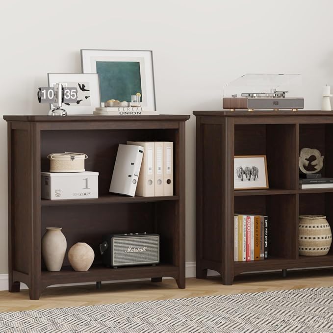 BON AUGURE Wooden Bookshelf Bookcase, 2-Tier Compact Wood Book Shelf with Adjustable Display Storage Shelves, Floor Standing Book Case for Living Room, Office, Brown Cherry